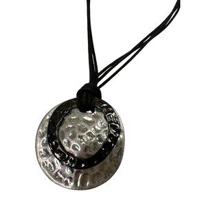 Vintage Necklace Hammered Silver Layered Disk Pendant On Black Cord 90s 20"
